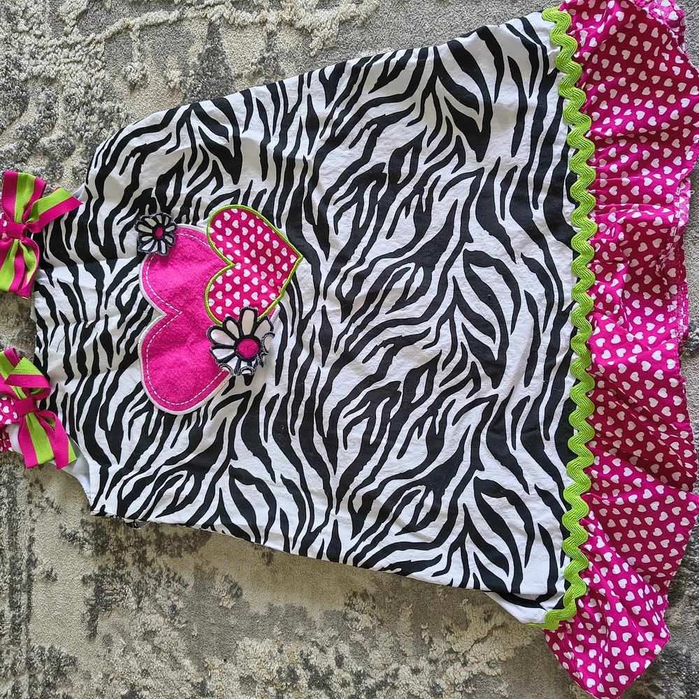 Girls Zebra-Print Casual Dress with Hot Pink Heart and Lime Trim